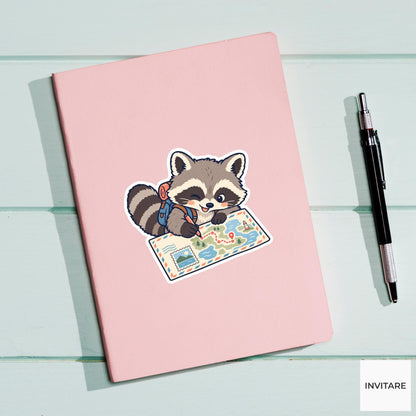 Raccoon Drawing a Postcard Travel Map Vinyl Sticker, Pen Pal Club Animal