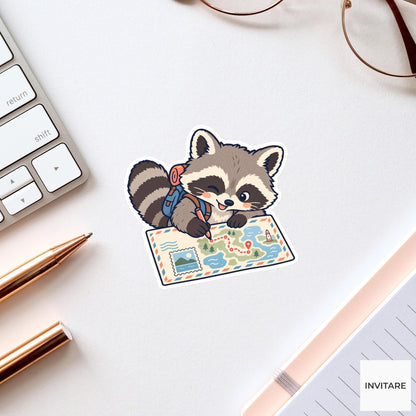 Raccoon Drawing a Postcard Travel Map Vinyl Sticker, Pen Pal Club Animal