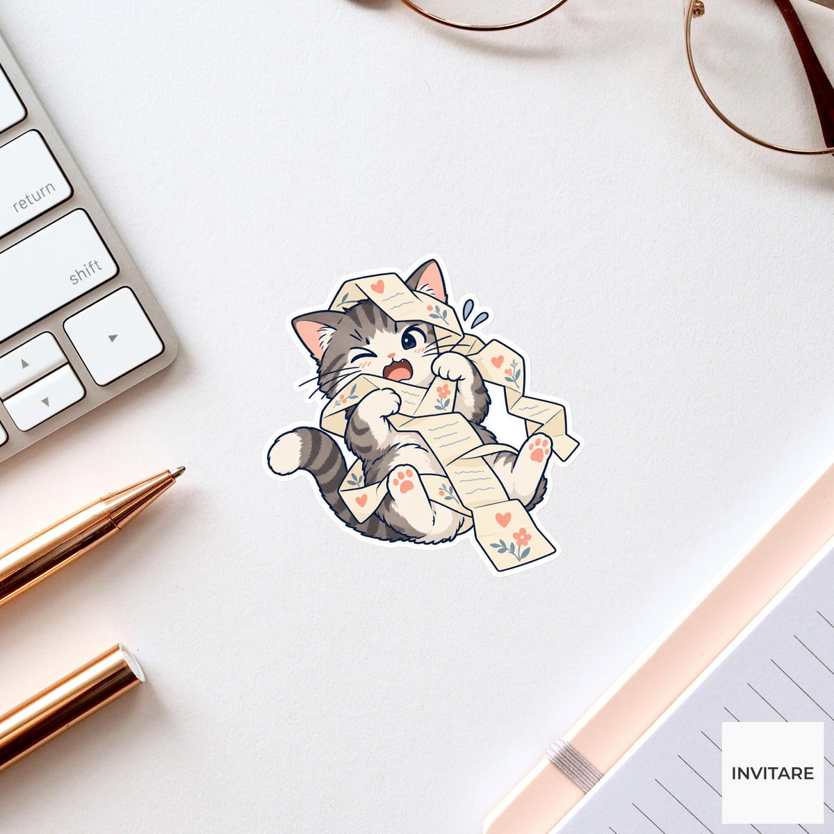 Cat Unfolding an Extra Long Letter Vinyl Sticker, Pen Pal Club Animal