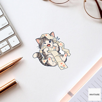 Cat Unfolding an Extra Long Letter Vinyl Sticker, Pen Pal Club Animal