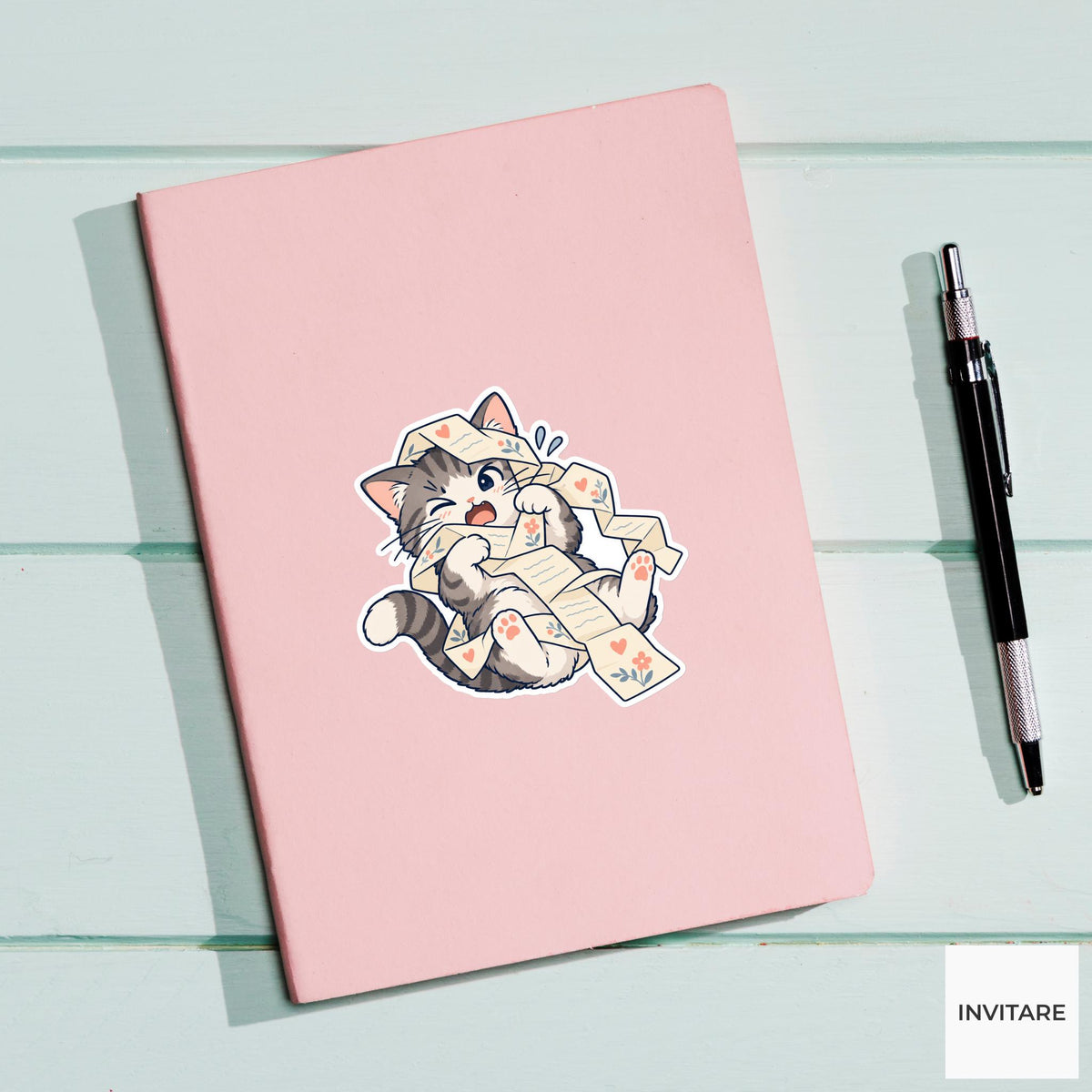 Cat Unfolding an Extra Long Letter Vinyl Sticker, Pen Pal Club Animal