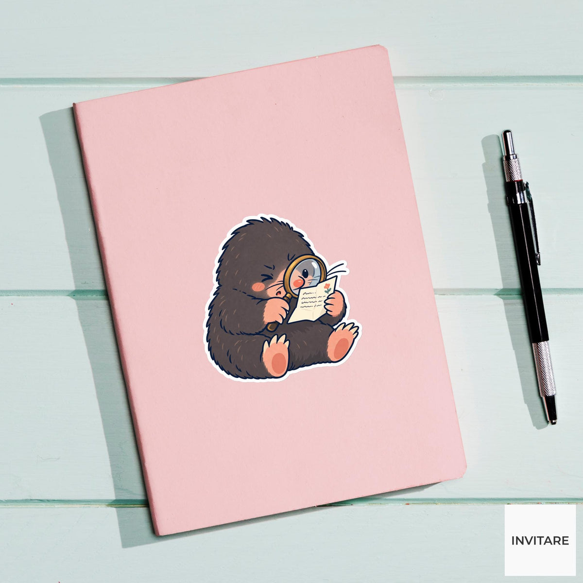 Mole Reading Tiny Handwriting Vinyl Sticker, Pen Pal Club Animal