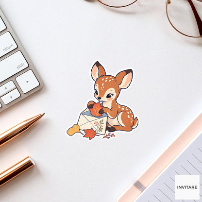 Deer fawn Adding a Pressed Autumn Leaf Vinyl Sticker, Pen Pal Club Animal
