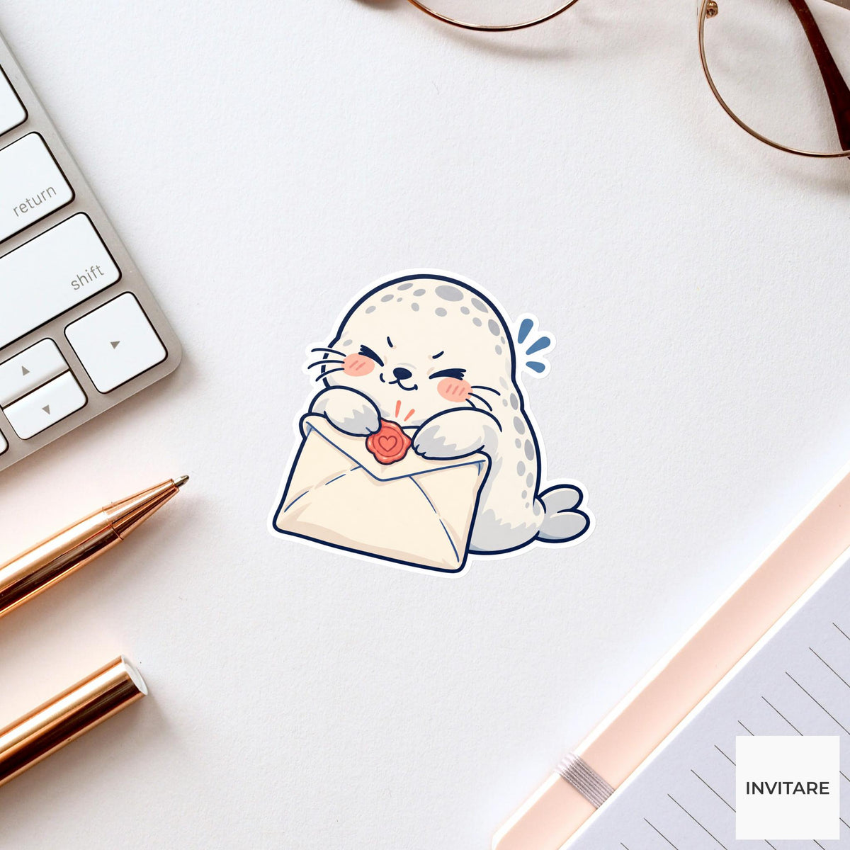 Seal pup Sealing a Stuffed Envelope Vinyl Sticker, Pen Pal Club Animal