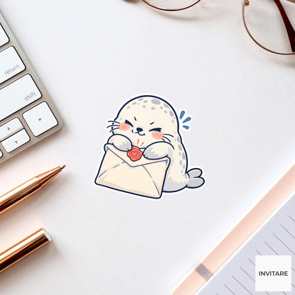 Seal pup Sealing a Stuffed Envelope Vinyl Sticker, Pen Pal Club Animal