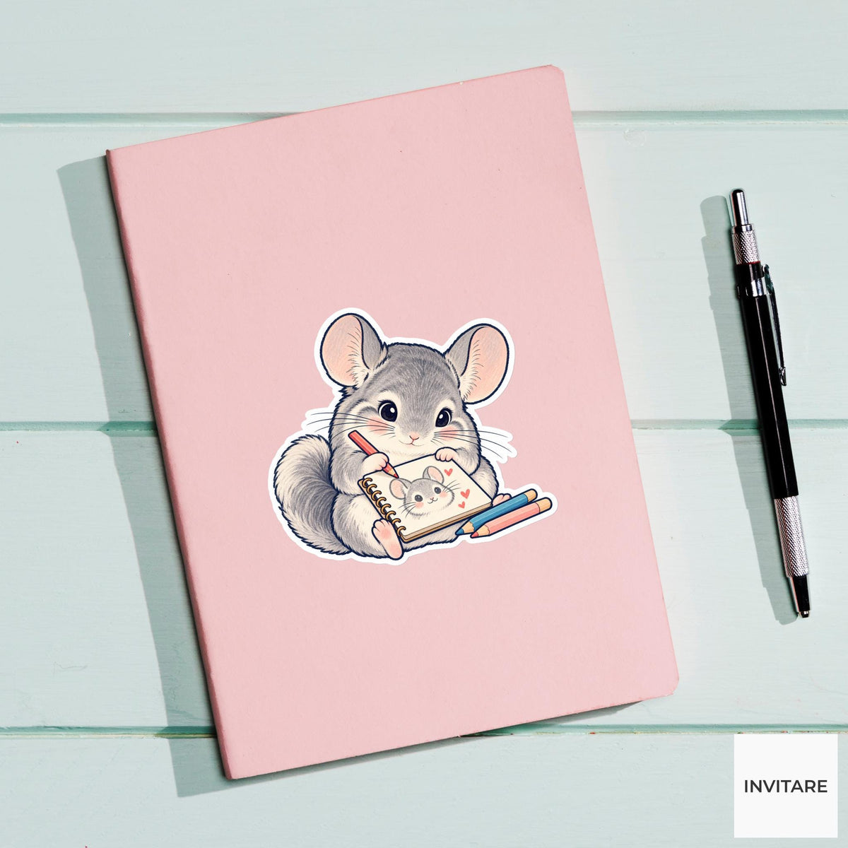 Chinchilla Drawing a Self Portrait Signature Vinyl Sticker, Pen Pal Club Animal