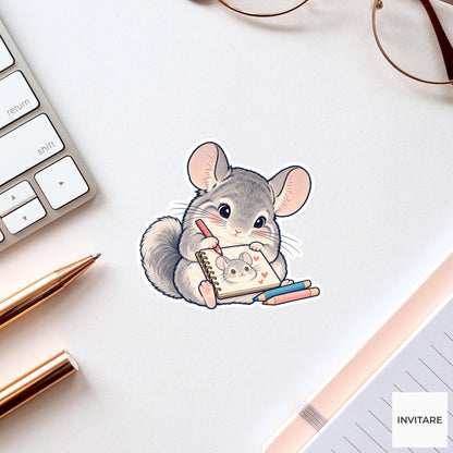 Chinchilla Drawing a Self Portrait Signature Vinyl Sticker, Pen Pal Club Animal