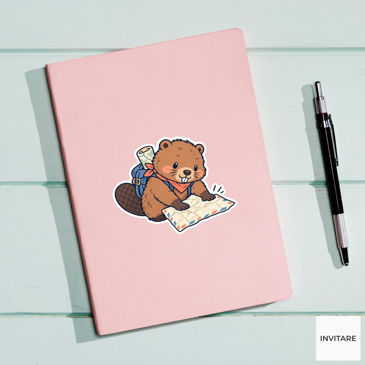 Beaver Smoothing a Creased Letter Vinyl Sticker, Pen Pal Club Animal
