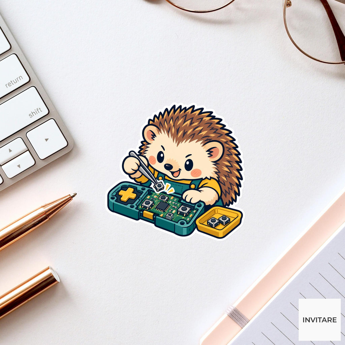 Hedgehog Fitting a Loose Button Vinyl Sticker, Little Electronics Workshop