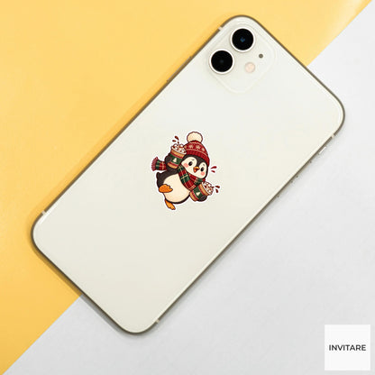 Penguin Carrying Two Takeaway Cocoas Vinyl Sticker, Christmas Cocoa Shop