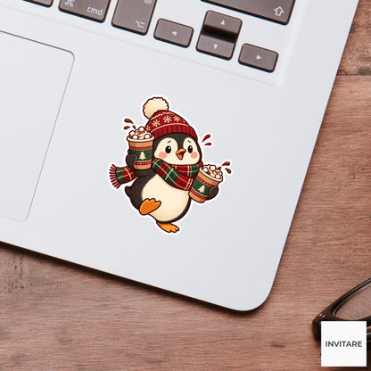 Penguin Carrying Two Takeaway Cocoas Vinyl Sticker, Christmas Cocoa Shop