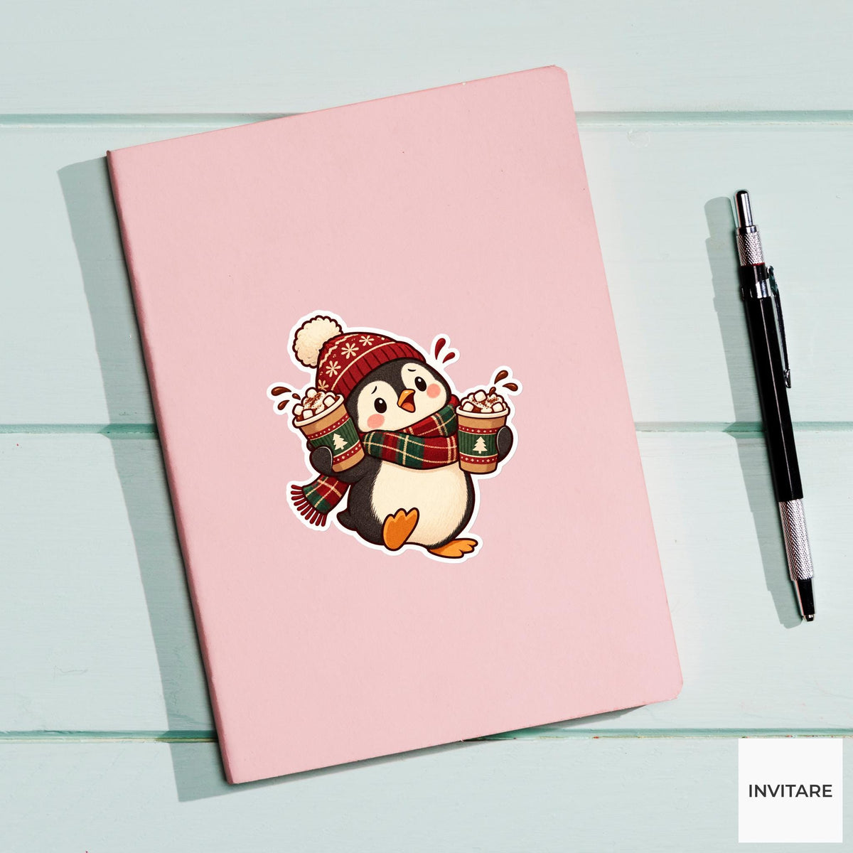 Penguin Carrying Two Takeaway Cocoas Vinyl Sticker, Christmas Cocoa Shop