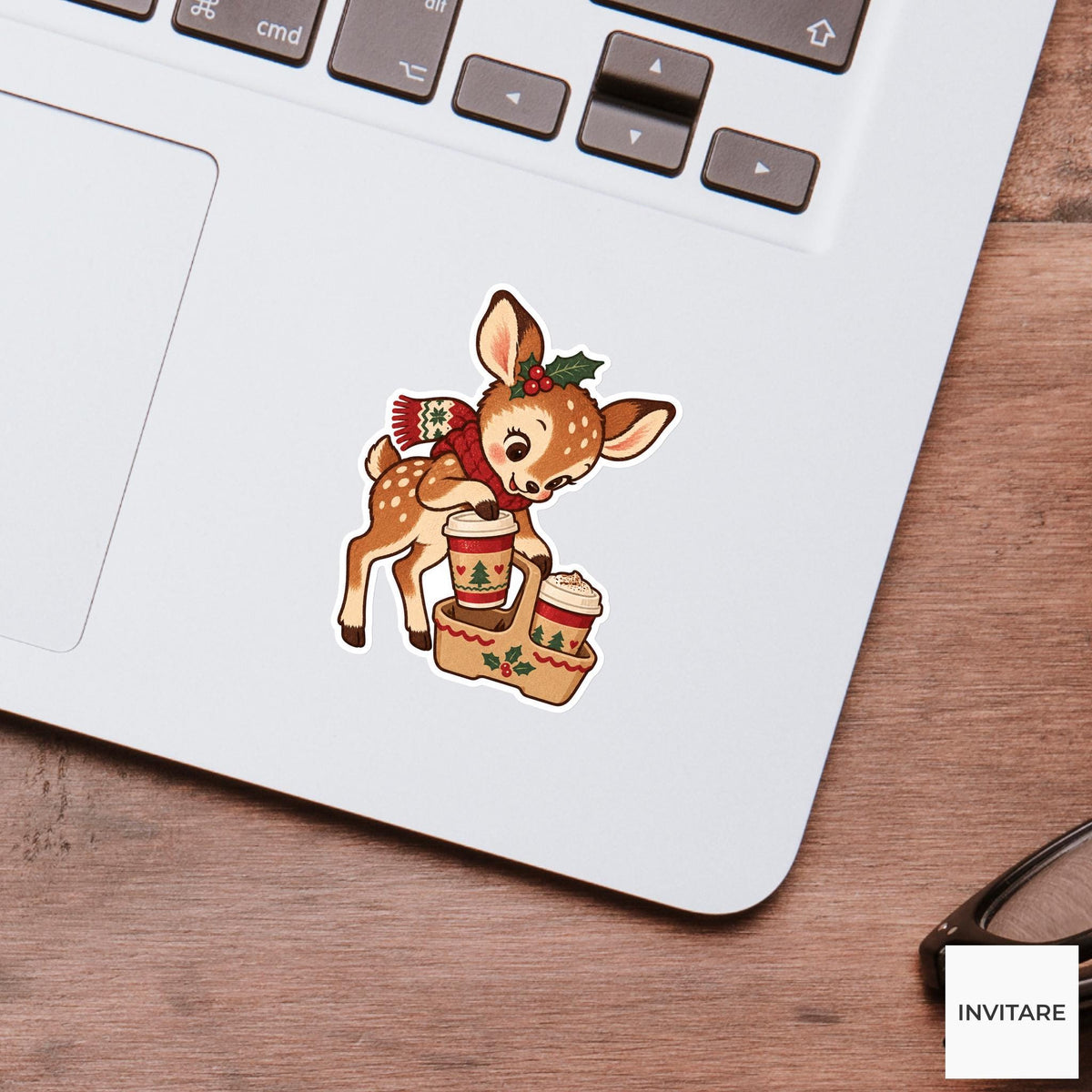 Deer fawn Packing a Two Cup Cocoa Carrier Vinyl Sticker, Christmas Cocoa Shop