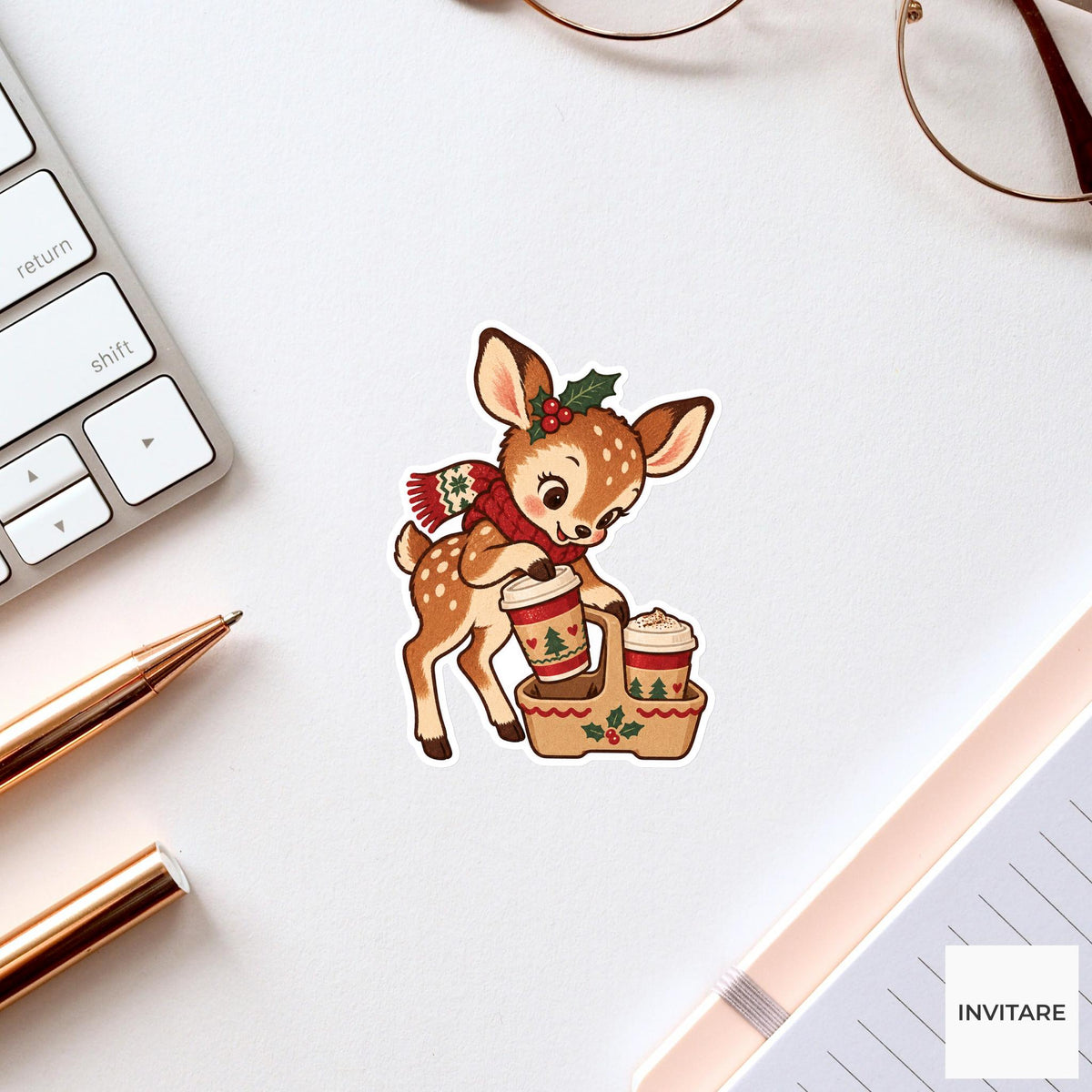 Deer fawn Packing a Two Cup Cocoa Carrier Vinyl Sticker, Christmas Cocoa Shop
