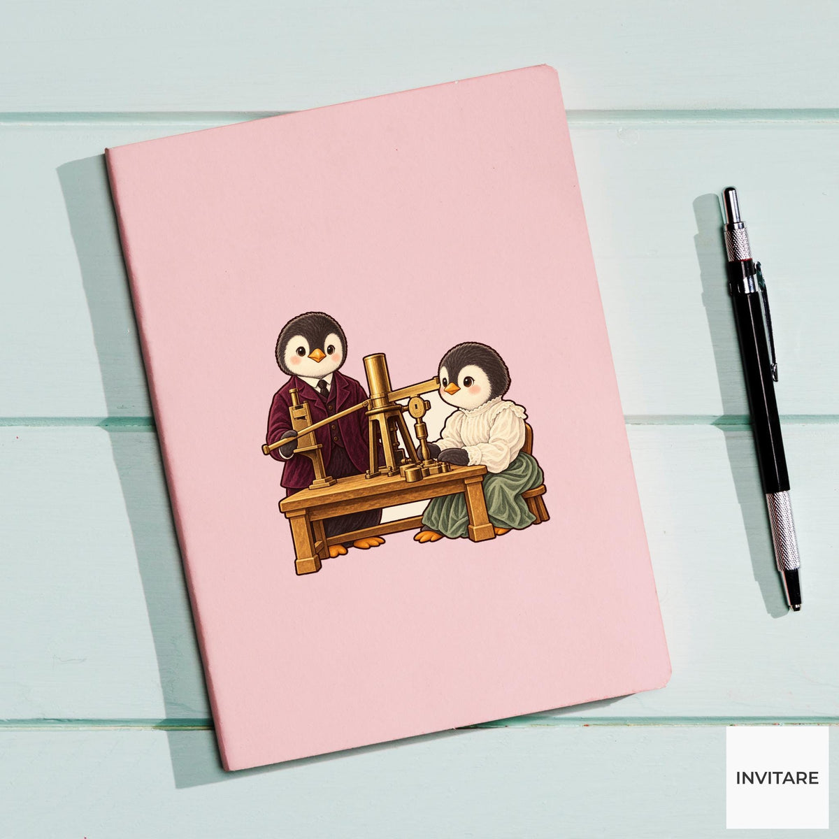 Curie Penguin Pair Vinyl Sticker, Vintage Animal Portrait, Hand Drawn History Lover Gift