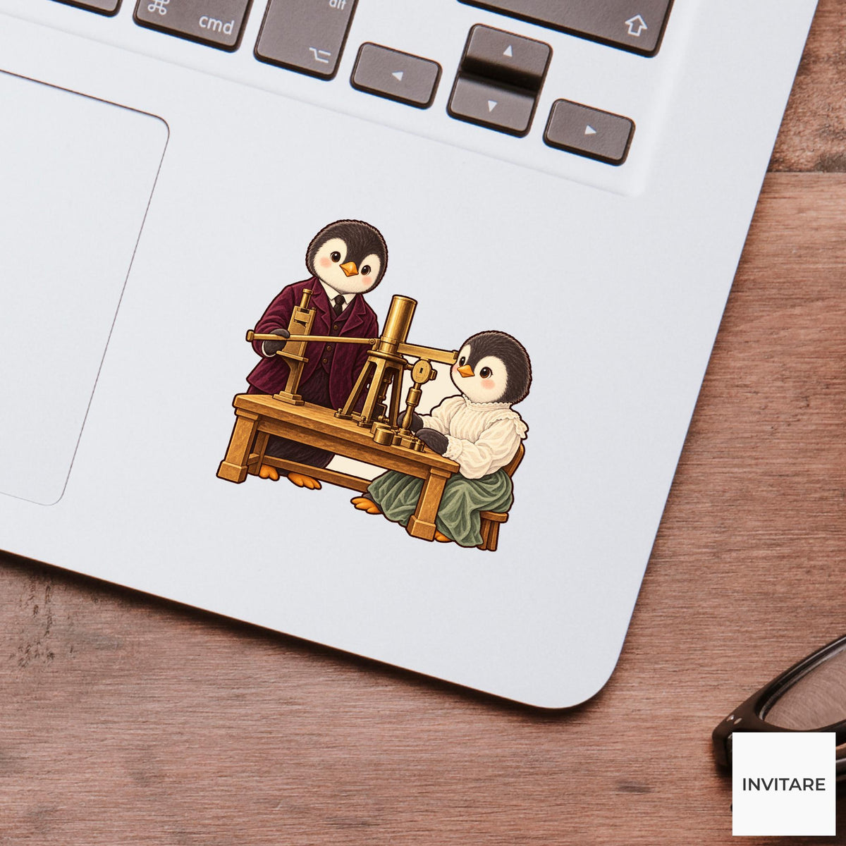 Curie Penguin Pair Vinyl Sticker, Vintage Animal Portrait, Hand Drawn History Lover Gift