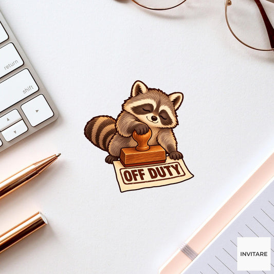 Raccoon Off Duty Clerk Vinyl Sticker, Funny Animal Stamping Permit, Office Humor Gift