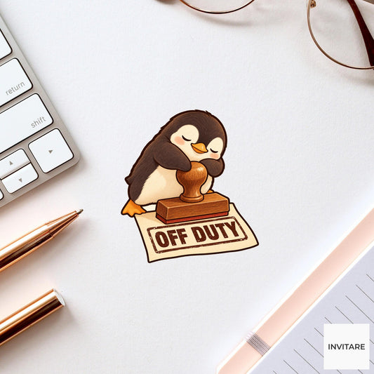 Penguin Off Duty Clerk Vinyl Sticker, Funny Animal Stamping Permit, Office Humor Gift