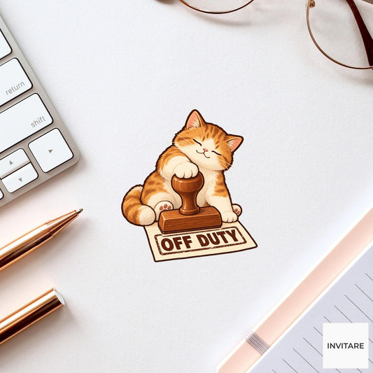 Cat Off Duty Clerk Vinyl Sticker, Funny Animal Stamping Permit, Office Humor Gift