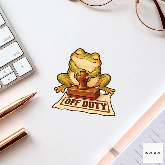 Frog Off Duty Clerk Vinyl Sticker, Funny Animal Stamping Permit, Office Humor Gift