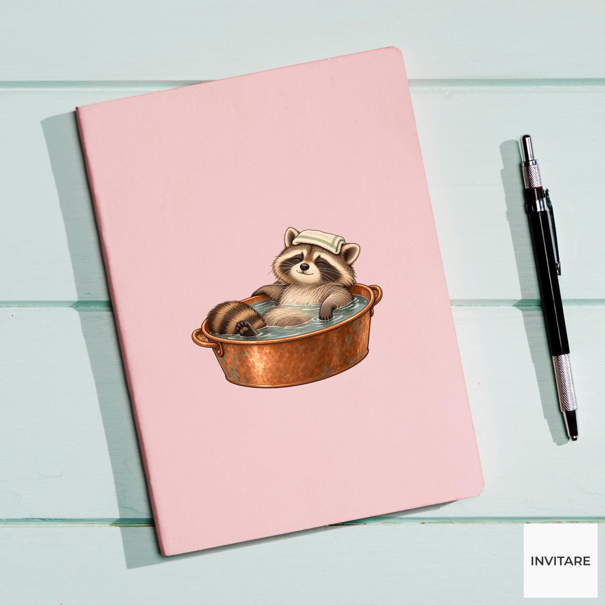 Raccoon Bath Vinyl Sticker, Little Copper Basin, Cozy Animal Spa Decal, Slow Living Gift