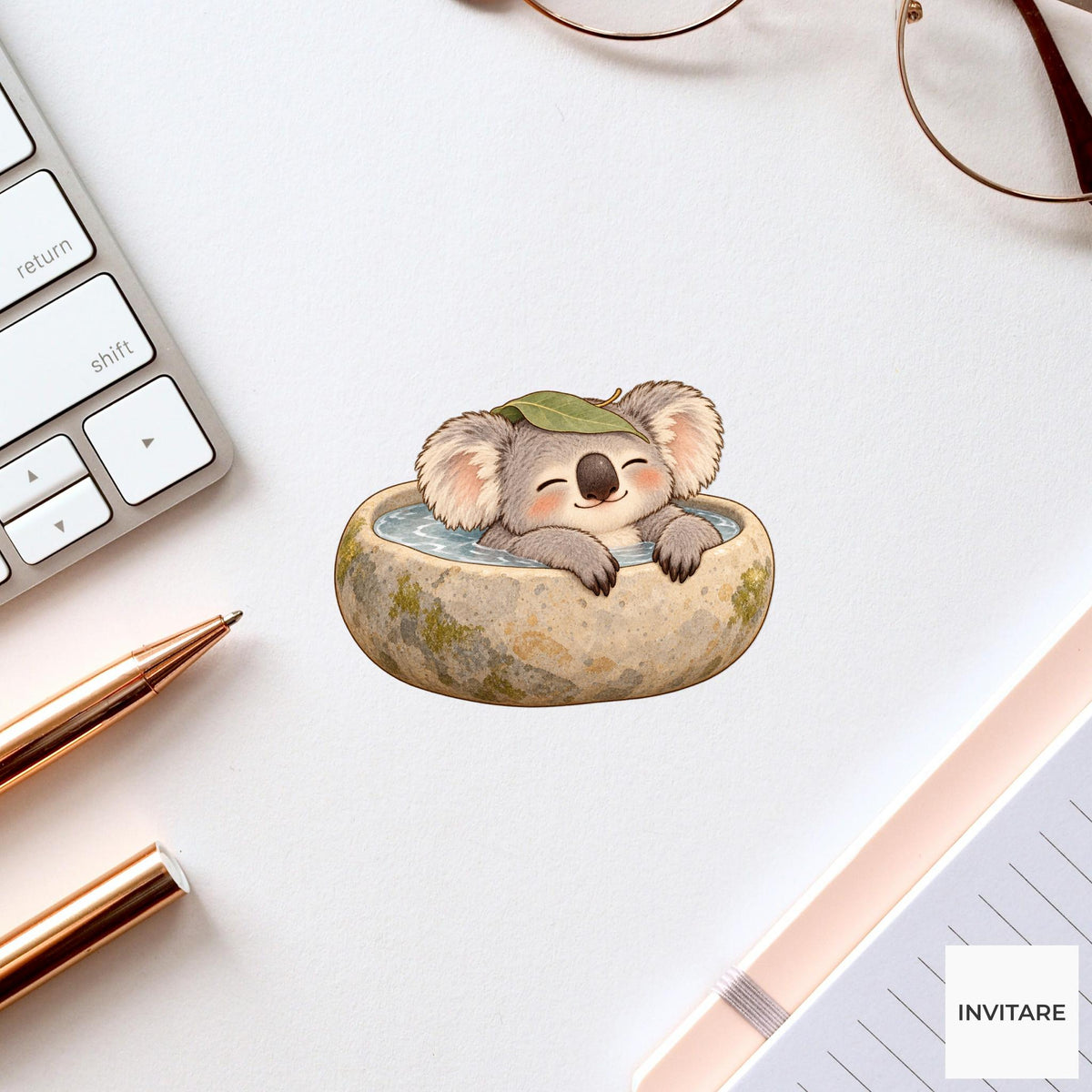 Koala Bath Vinyl Sticker, Pebble Stone Tub, Cozy Animal Spa Decal, Slow Living Gift