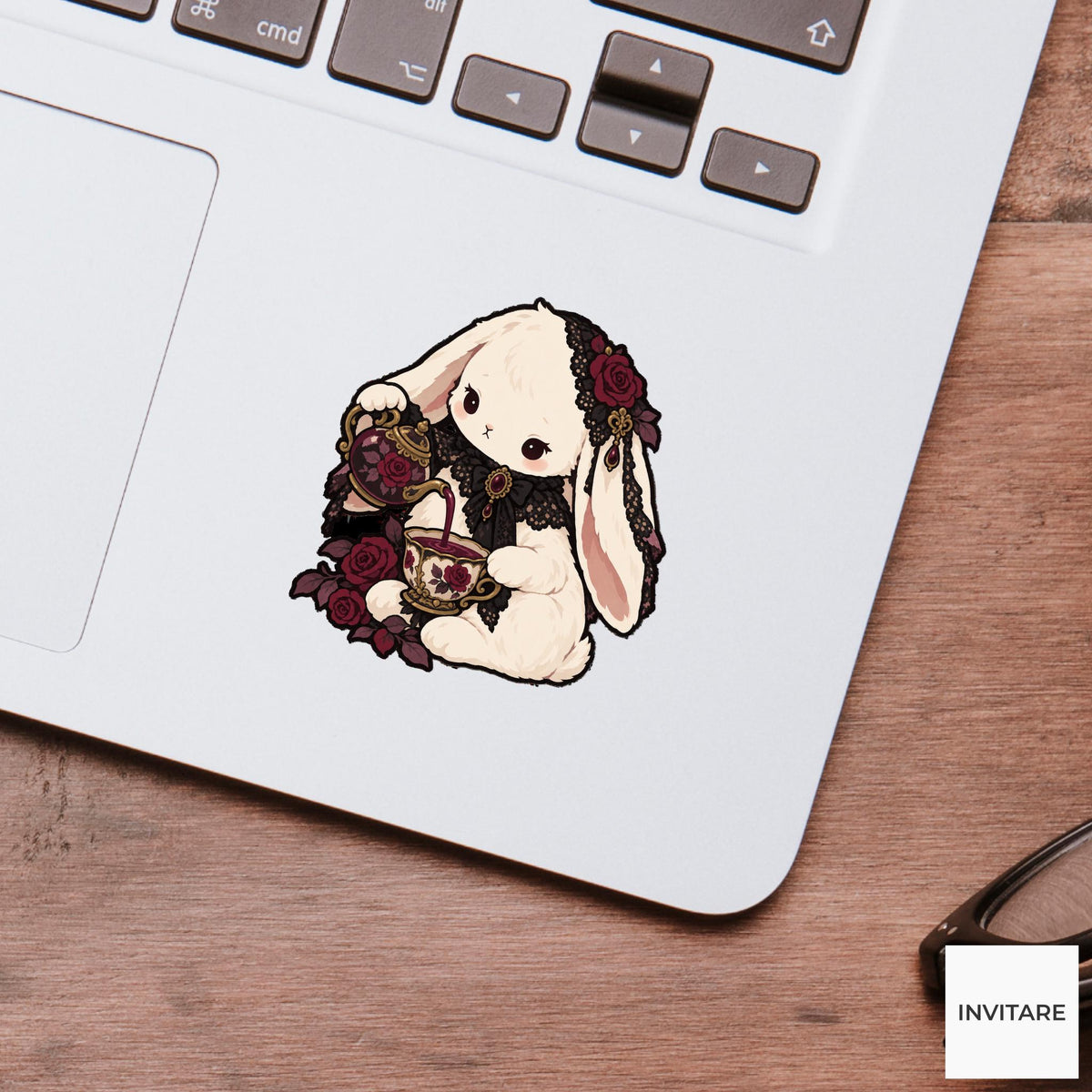 Mourning Tea Rabbit Vinyl Sticker, Gothic Animal Art, Dark Romantic Journal Decal