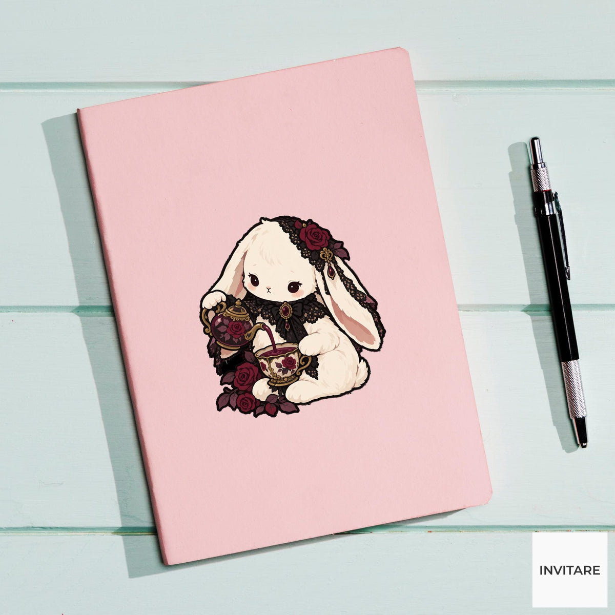 Mourning Tea Rabbit Vinyl Sticker, Gothic Animal Art, Dark Romantic Journal Decal