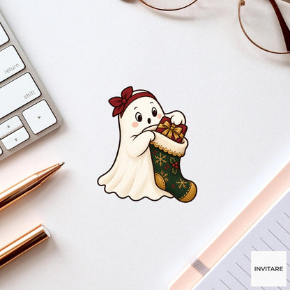 Busy Stocking Stuffer Ghost Vinyl Sticker, Cozy Christmas Chore, Festive Ghost Decal