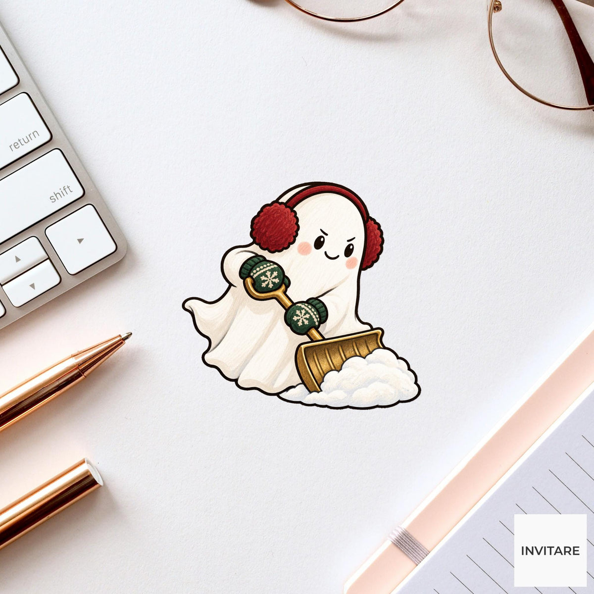 Snow Shoveling Ghost Vinyl Sticker, Cozy Christmas Chore, Festive Ghost Decal