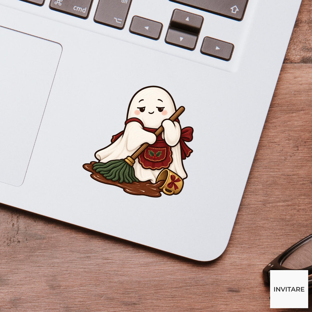 Cocoa Cleanup Ghost Vinyl Sticker, Cozy Christmas Chore, Festive Ghost Decal
