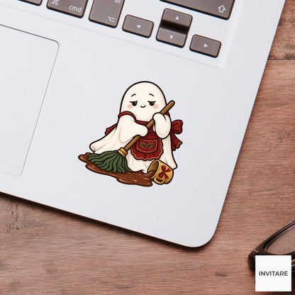 Cocoa Cleanup Ghost Vinyl Sticker, Cozy Christmas Chore, Festive Ghost Decal