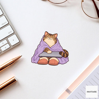 Cat Laptop Closed Vinyl Sticker, Cozy Homebody Animal Decal, Introvert Gift