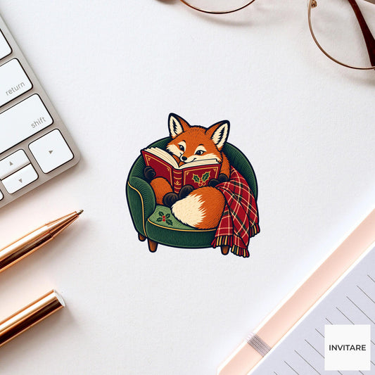 Fox Armchair Story Vinyl Sticker, Cozy Christmas Reading Animal Decal, Book Lover Gift