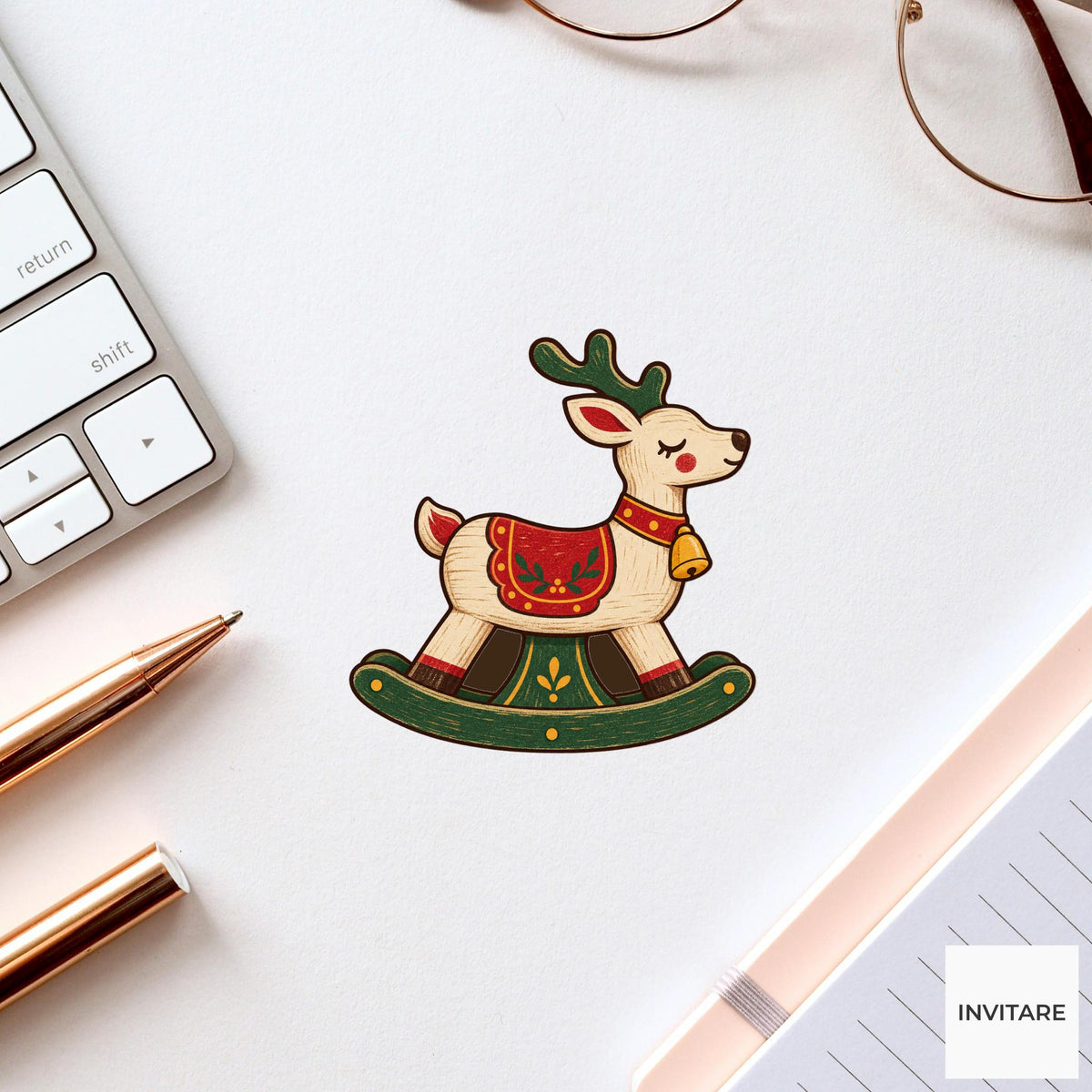 Wooden Rocking Reindeer Vinyl Sticker, Vintage Christmas Toy