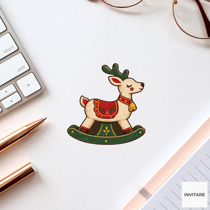 Wooden Rocking Reindeer Vinyl Sticker, Vintage Christmas Toy