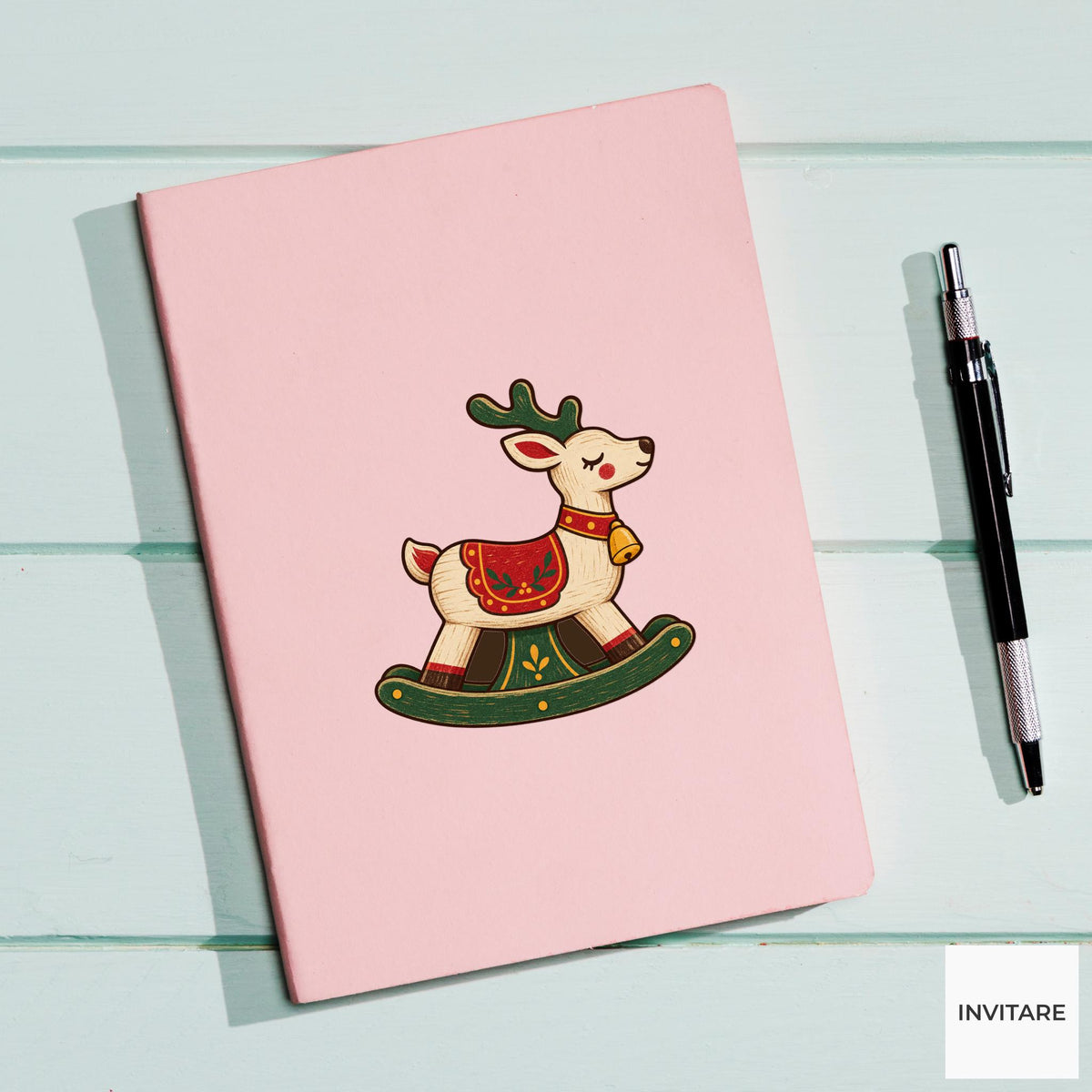 Wooden Rocking Reindeer Vinyl Sticker, Vintage Christmas Toy