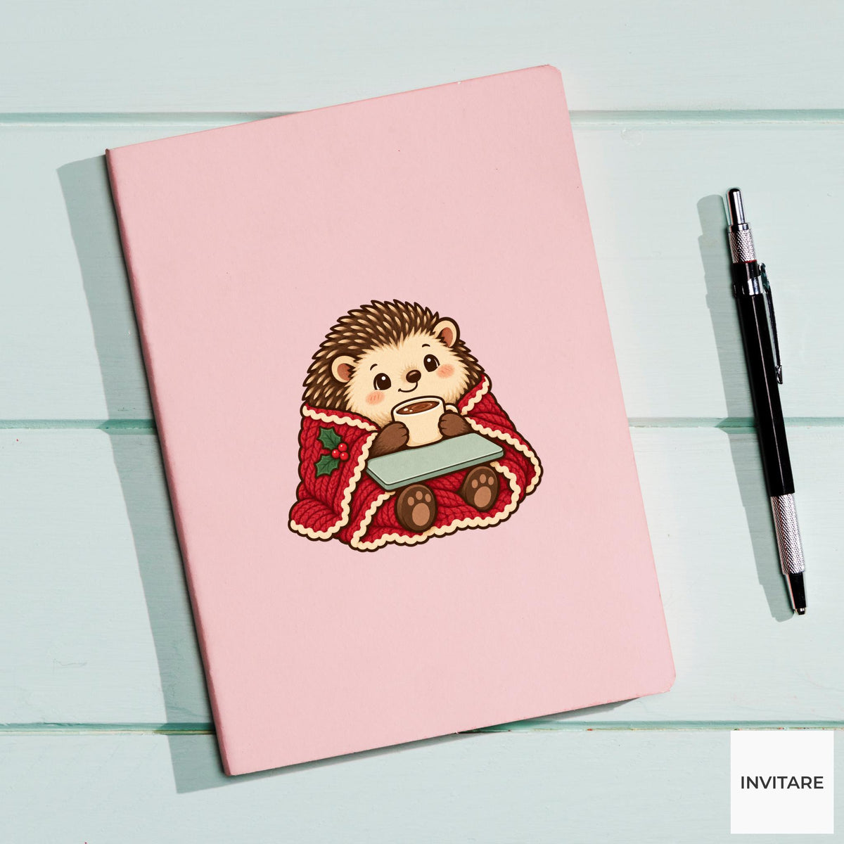 Hedgehog Laptop Closed Vinyl Sticker, Christmas Cocoa and Workday Wind Down
