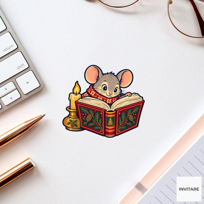 Mouse Candlelit Chapter Vinyl Sticker, Cozy Christmas Reading Animal Decal, Book Lover Gift