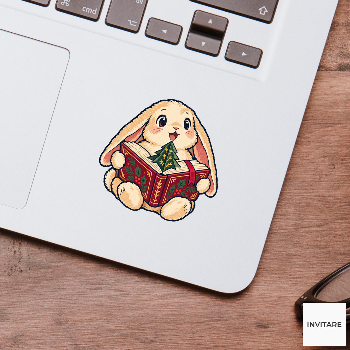 Rabbit Pop Up Fir Book Vinyl Sticker, Cozy Christmas Reading Animal Decal, Book Lover Gift