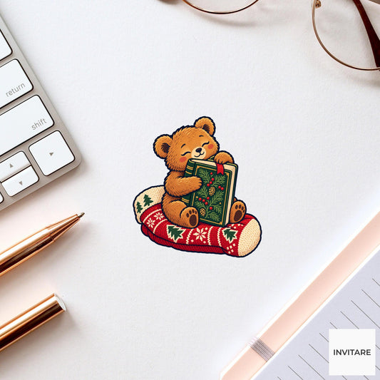 Bear Stocking Storytime Vinyl Sticker, Cozy Christmas Reading Animal Decal, Book Lover Gift