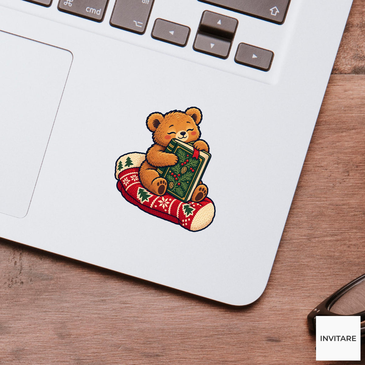 Bear Stocking Storytime Vinyl Sticker, Cozy Christmas Reading Animal Decal, Book Lover Gift