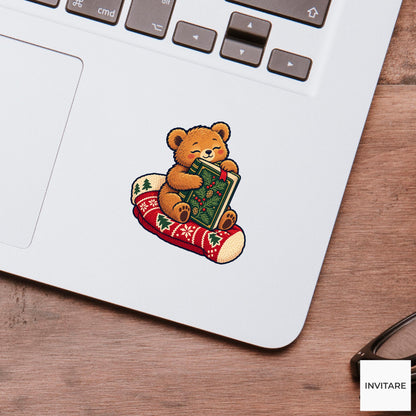 Bear Stocking Storytime Vinyl Sticker, Cozy Christmas Reading Animal Decal, Book Lover Gift