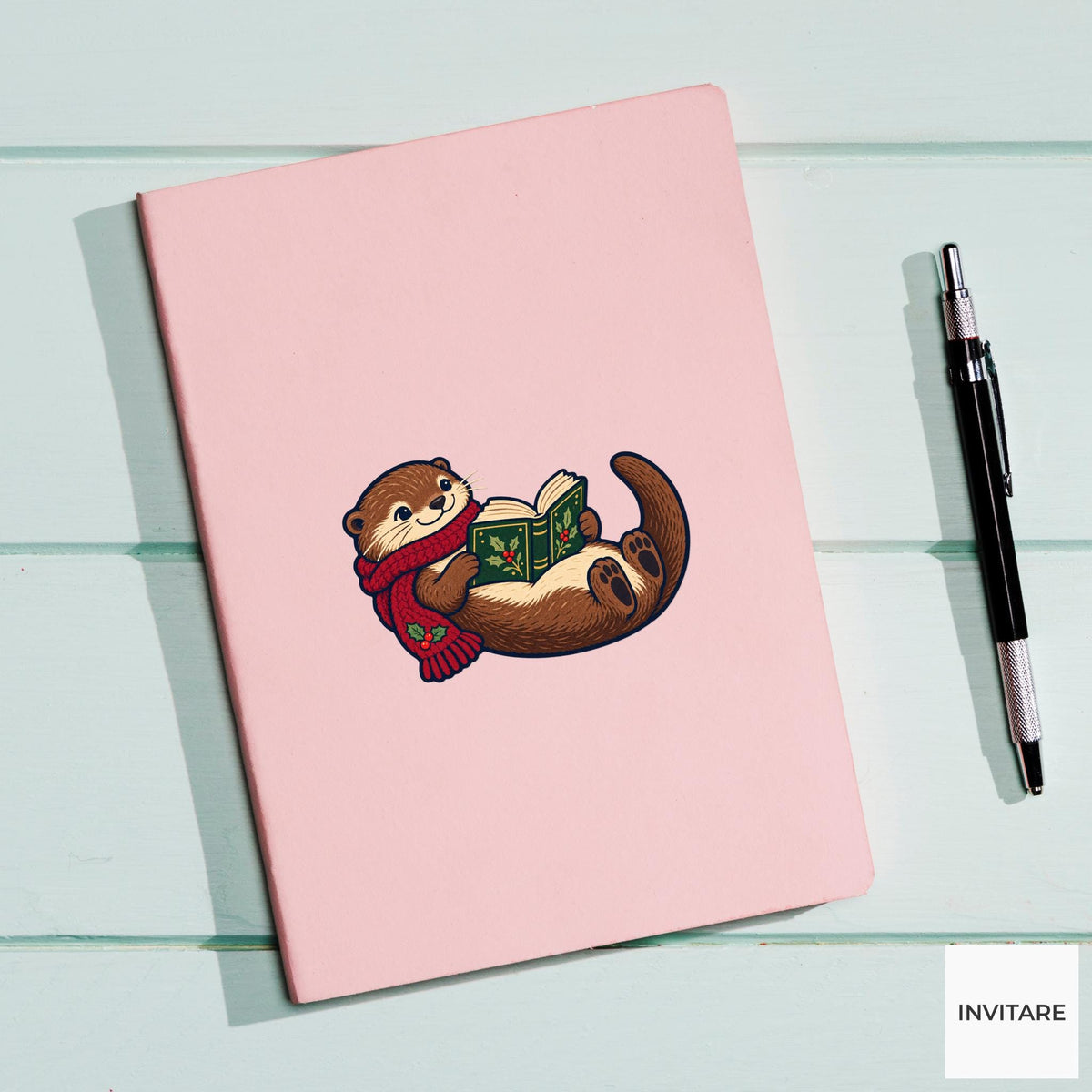 Otter Belly Book Vinyl Sticker, Cozy Christmas Reading Animal Decal, Book Lover Gift
