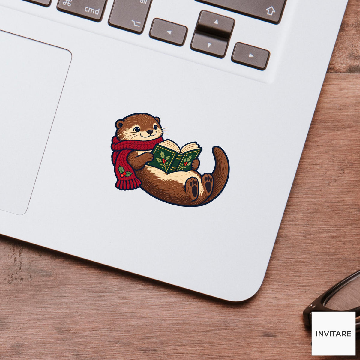 Otter Belly Book Vinyl Sticker, Cozy Christmas Reading Animal Decal, Book Lover Gift