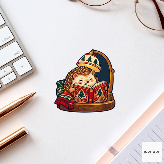 Hedgehog Reading Lamp Vinyl Sticker, Cozy Christmas Reading Animal Decal, Book Lover Gift