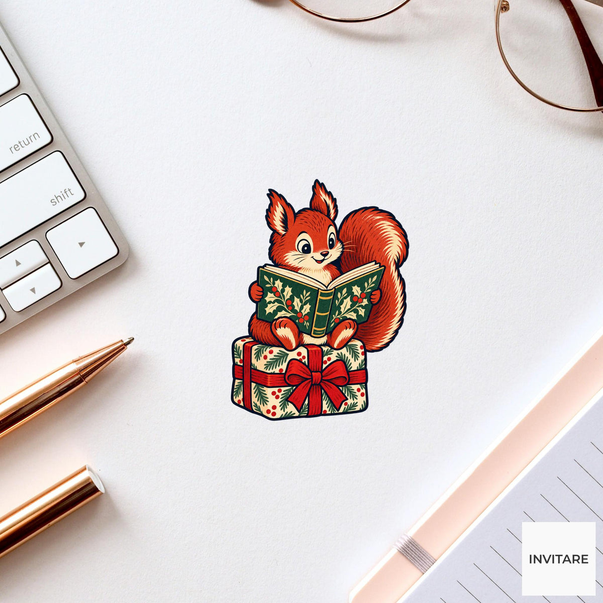 Squirrel Parcel Bookrest Vinyl Sticker, Cozy Christmas Reading Animal Decal, Book Lover Gift
