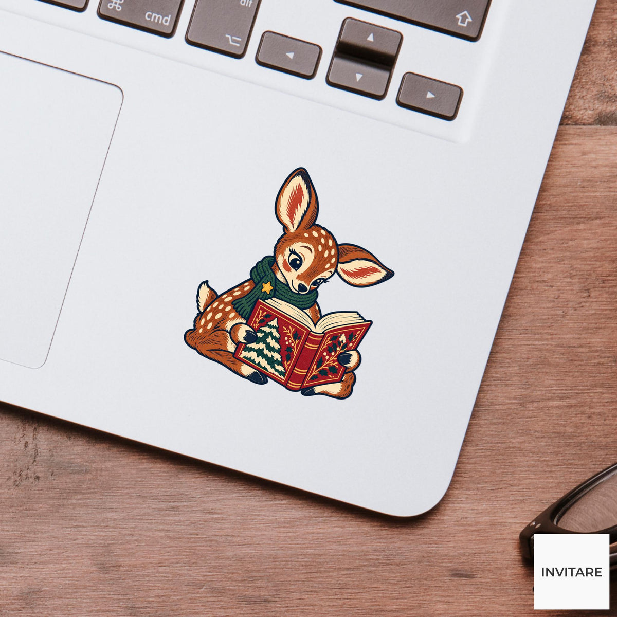 Fawn Winter Folio Vinyl Sticker, Cozy Christmas Reading Animal Decal, Book Lover Gift