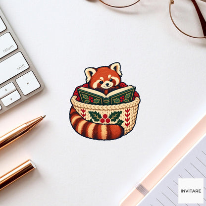 Red Panda Chapter Nest Vinyl Sticker, Cozy Christmas Reading Animal Decal, Book Lover Gift