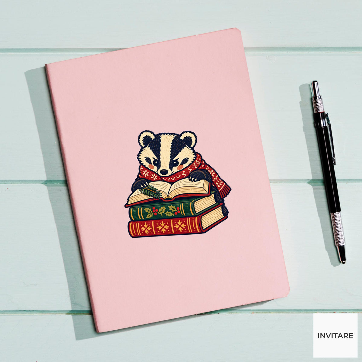 Badger Book Pile Vinyl Sticker, Cozy Christmas Reading Animal Decal, Book Lover Gift